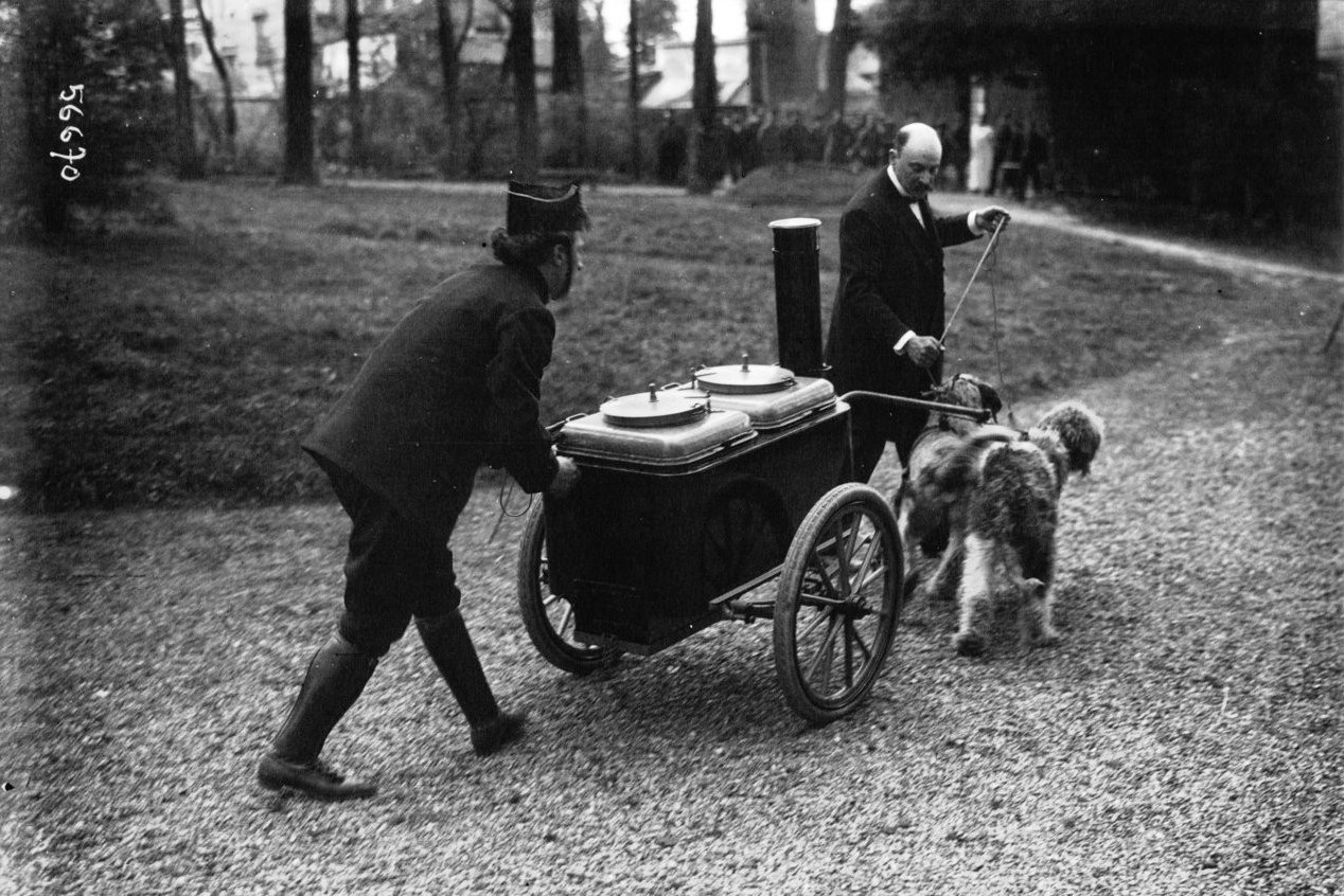 Psy ciągnące kuchnię polową. Fot. Agence Meurisse. Źródło: Bibliothèque nationale de France