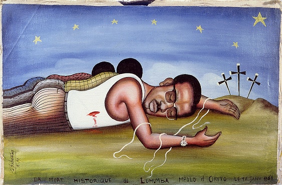Obraz podpisany Tshibumba, namalowany przez Abis, Lubumbashi, 1992, Aresztowanie Lumumby w 1959 roku, Collection MRAC Tervuren, Fonds B. Jewsiewicki 