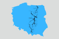 Grafika przedstawia mapę Polski, w centrum której znajduje się długa rysa dzieląca kraj na dwie części.