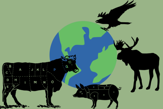 Grafika przedstawia planetę Ziemię oraz sylwetki czterech zwierząt - krowy, świni, łosia i orła - rozmieszczonych wokół Ziemi.